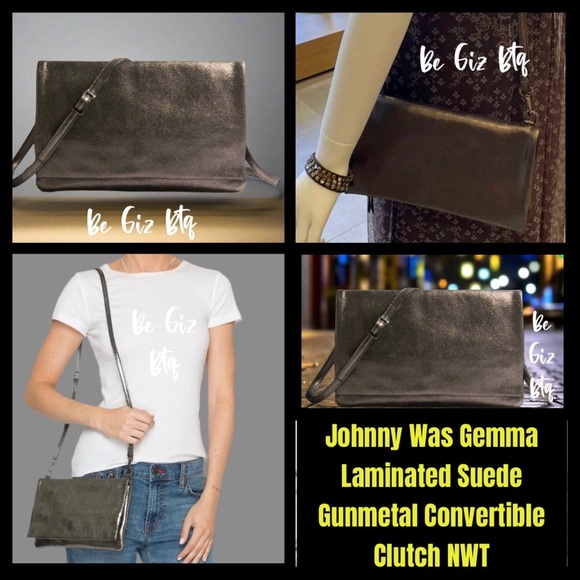 Johnny Was Gemma Laminated Suede Gunmetal Convertible Clutch NWT - Picture 1 of 13